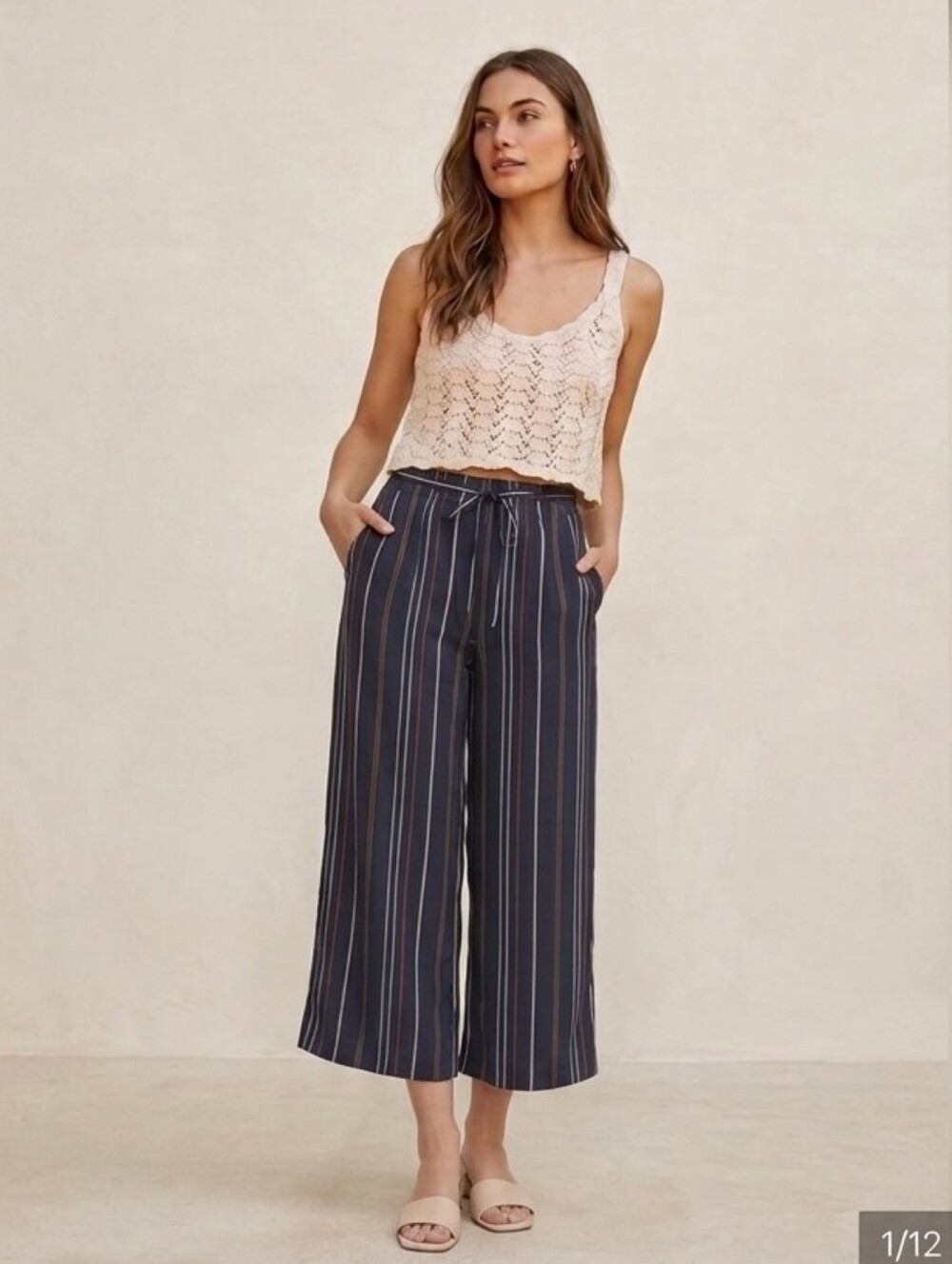 FRANK and Oak wide striped navy blue palazzo culotte size XS A7